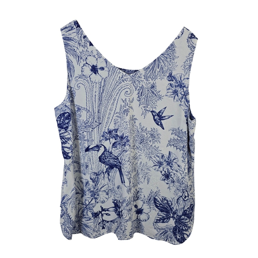 Chico's Blue White Tropical Toile Toucan Sleeveless Tank Top Size 3 XL